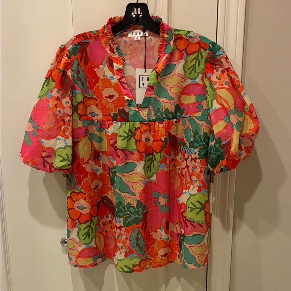 THML Multicolor Floral Puff Sleeve Blouse - Pink, Orange, Green
